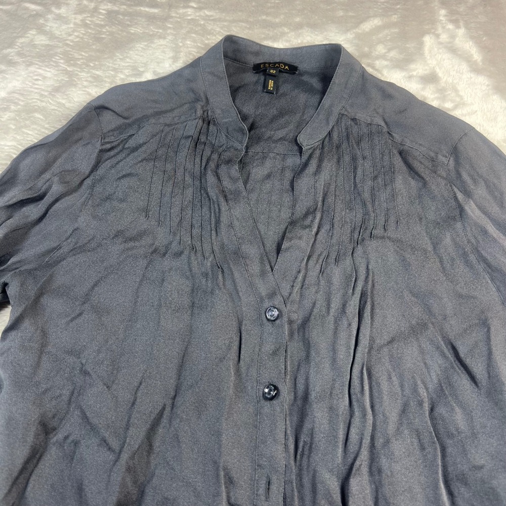 Escada Womens 32 Button Down Blouse Slate Silk Pintuck Pleated Mandarin Collar